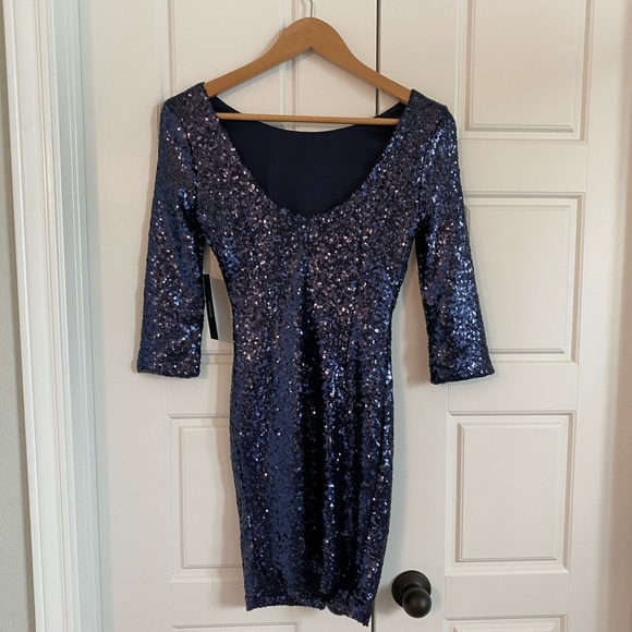 Lulu's Sequin Long Sleeve Bodycon Dress, Navy, XS - Picture 2 of 5
